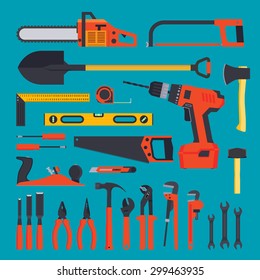 Flat hardware tools set on a blue background