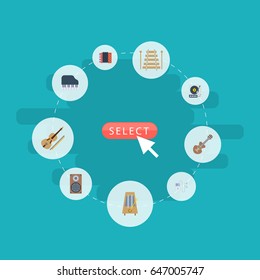Flat Harmonica, Fiddle, Acoustic And Other Vector Elements. Set Of Studio Flat Symbols Also Includes Speaker, Percussion, Player Objects.