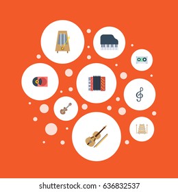 Flat Harmonica, Quaver, Octave Keyboard And Other Vector Elements. Set Of Music Flat Symbols Also Includes Piano, Clef, Acoustic Objects.