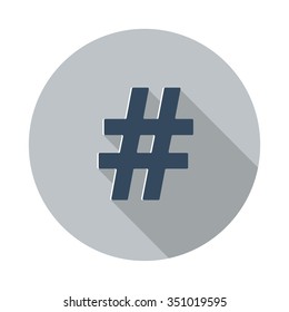 Flat Hashtag icon with long shadow on grey circle