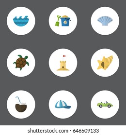 Flat Hat, Conch, Shovel And Other Vector Elements. Set Of Sunlight Flat Symbols Also Includes Sand, Tower, Tortoise Objects.
