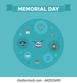 Flat Hat, History, Firecracker And Other Vector Elements. Set Of Memorial Flat Symbols Also Includes Ribbon, Usa, Calendar Objects.