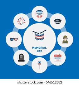 Flat Hat, History, Firecracker And Other Vector Elements. Set Of History Flat Symbols Also Includes Usa, Spectacles, Military Objects.