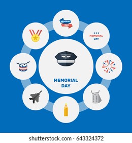Flat Hat, Holiday, Ribbon And Other Vector Elements. Set Of Memorial Flat Symbols Also Includes Medal, Medallion, Memorial Objects.