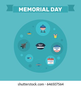 Flat Hat, Medallion, Holiday And Other Vector Elements. Set Of Day Flat Symbols Also Includes Holiday, Glasses, Spectacles Objects.
