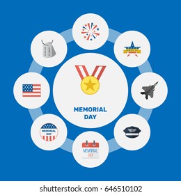 Flat Hat, Memorial Day, History And Other Vector Elements. Set Of Memorial Flat Symbols Also Includes Flag, Award, Memorial Objects.