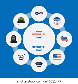Flat Hat, Musical Instrument, Spectacles And Other Vector Elements. Set Of History Flat Symbols Also Includes Day, Drum, Usa Objects.