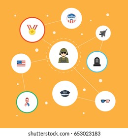 Flat Hat, Spectacles, Usa Badge And Other Vector Elements. Set Of Memorial Flat Symbols Also Includes Spectacles, Ribbon, Award Objects.