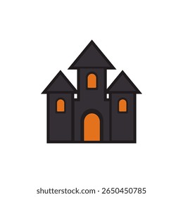 Flat haunted house icon with glowing windows, perfect for Halloween party invitation, spooky night decor, horror story illustration, and creepy digital designs