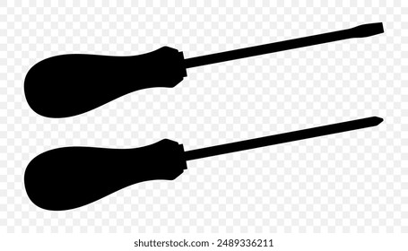 Flat head and Phillips screwdriver isolated on transparent background. Long screwdrivers. Metal tool for Home Repairs and Mechanical Work. Black silhouette icon, vector illustration.