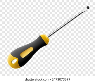 Flat head screwdriver isolated on transparent background. Black and yellow long screwdrivers. Metal tool for Home Repairs and Mechanical Work. Realistic 3d vector illustration.