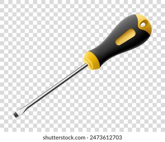 Flat head screwdriver isolated on transparent background. Black and yellow long screwdrivers. Metal tool for Home Repairs and Mechanical Work. Realistic 3d vector illustration.