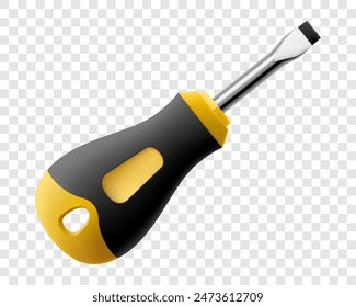 Flat head screwdriver isolated on transparent background. Black and yellow short screwdrivers. Metal tool for Home Repairs and Mechanical Work. Realistic 3d vector illustration.