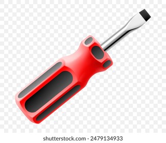 Flat head screwdriver isolated on transparent background. Black and red short screwdrivers. Metal tool for Home Repairs and Mechanical Work. Realistic 3d vector illustration.