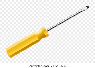 Flat head screwdriver isolated on transparent background. Yellow long screwdrivers. Metal tool for Home Repairs and Mechanical Work. Realistic 3d vector illustration.