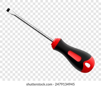 Flat head screwdriver isolated on transparent background. Black and red long screwdrivers. Metal tool for Home Repairs and Mechanical Work. Realistic 3d vector illustration.