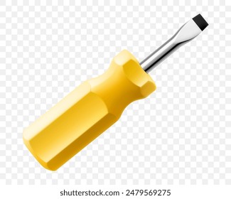 Flat head screwdriver isolated on transparent background. Yellow short screwdrivers. Metal tool for Home Repairs and Mechanical Work. Realistic 3d vector illustration.