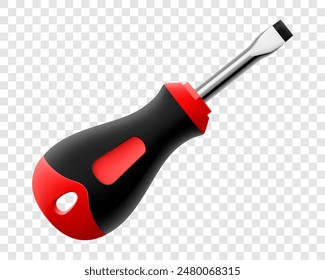 Flat head screwdriver isolated on transparent background. Black and red long screwdrivers. Metal tool for Home Repairs and Mechanical Work. Realistic 3d vector illustration.