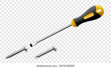 Flat head screwdriver with screws isolated on transparent background. Black and yellow long screwdrivers. Metal tool for Home Repairs and Mechanical Work. Realistic 3d vector illustration.