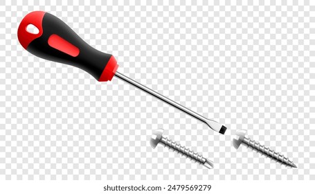 Flat head screwdriver with screws isolated on transparent background. Black and red long screwdrivers. Metal tool for Home Repairs and Mechanical Work. Realistic 3d vector illustration.