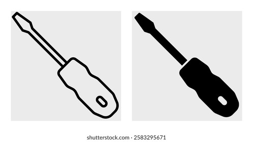 Flat head screwdriver vector icon set in black color. Flat head screwdriver icon with style outline and glyph.