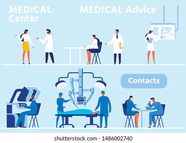 Flat Header Banner Set for Modern Medical Center. Hospital ER, Primary Examination Room for Consultations and Advice. Surgical Operating Room with Robotic Equipment. Vector People Illustration