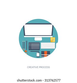 Flat header. Workplace. Programming and coding, web design. Laptop and pc.