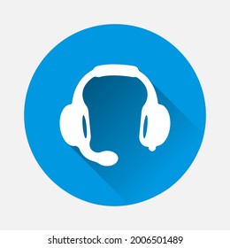 Flat headphones icon on blue background. Flat image with long shadow.