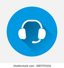 Flat headphones icon on blue background. Flat image with long shadow.