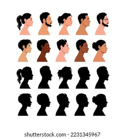 Flat heads in profile. Various human heads, male and female with different hairstyles and accessories. Colorful web avatars vector simple character