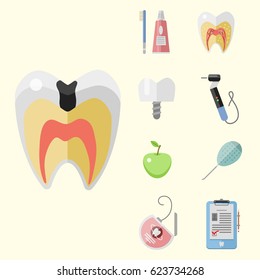 Flat health care dentist medical tools medicine instrument hygiene stomatology vector illustration.