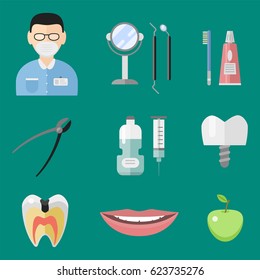 Flat health care dentist medical tools medicine instrument hygiene stomatology vector illustration.