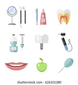Flat health care dentist medical tools medicine instrument hygiene stomatology vector illustration.