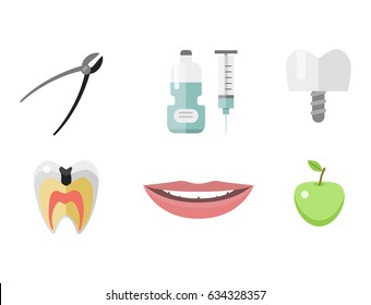 Flat health care dentist medical tools medicine instrument hygiene stomatology vector illustration.