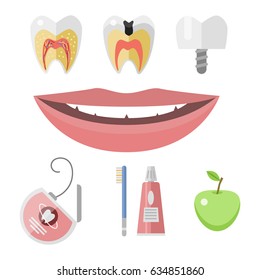 Flat health care dentist medical tools medicine instrument hygiene stomatology vector illustration.