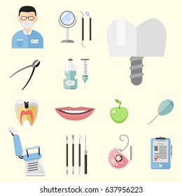 Flat health care dentist medical tools medicine instrument hygiene stomatology vector illustration.