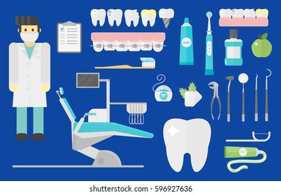 Flat health care dentist symbols research medical tools healthcare system concept and medicine instrument hygiene stomatology engineering vector illustration.