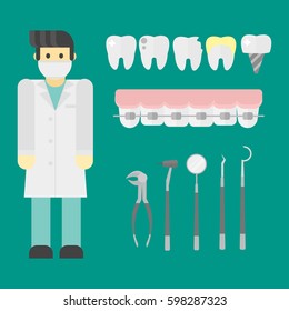 Flat health care dentist symbols research medical tools healthcare system concept and medicine instrument hygiene stomatology engineering vector illustration.