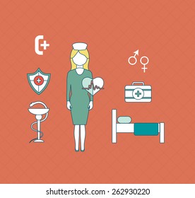 Flat health care and medical research background. Healthcare system concept. Nurse and medical tools icons 