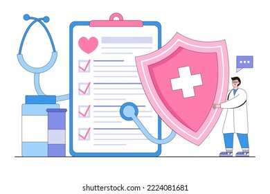 Flat health insurance claim form and protective shield concept. Outline design style minimal vector illustration for landing page, web banner, infographics, hero images
