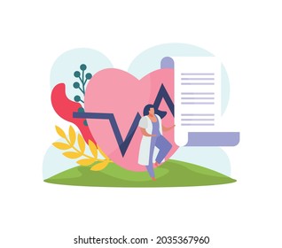 Flat health insurance composition with character of doctor and human heart vector illustration