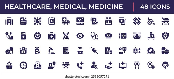 Flat healthcare, medical, and medicine icon set featuring hospitals, doctors, treatments, pharmaceuticals, emergency services, and health technology.