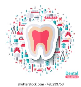 Flat Healthy Clean Tooth Sticker Icon. Vector concept illustration. Care, Orthodontics and Dentistry Tools and Equipment symbols. 