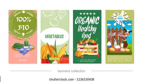 Flat healthy eco food vertical banners with wooden crate of vegetables dairy products cow vector illustration