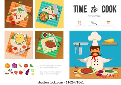 Flat healthy food cooking infographic template with chef vegetables meat cheese on cutting board knives vector illustration