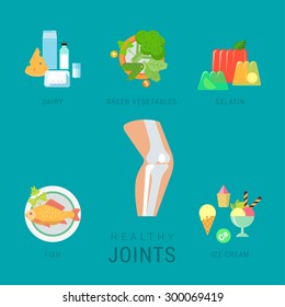 Flat Healthy Joints Lifestyle Vector Infographics Concept. Human Organ Icon With Dairy Green Salad Vegetable Gelatin Fish Ice-cream Elements Around. Health And Fitness Collection.