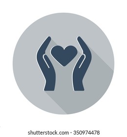 Flat Heart care icon with long shadow on grey circle