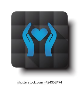 Flat Heart care icon on black app button with drop shadow