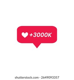 Flat heart icon with +3000K counter, perfect for follower count milestones, engagement visuals, and digital analytics UI.