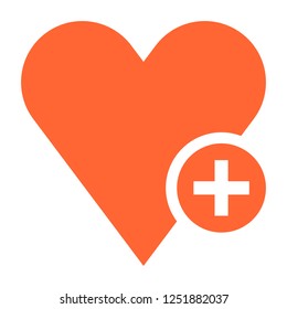 Flat heart icon favorite sign liked button with plus pictogram. Quick and easy recolorable shape isolated from background. Vector illustration a graphic element for web internet design